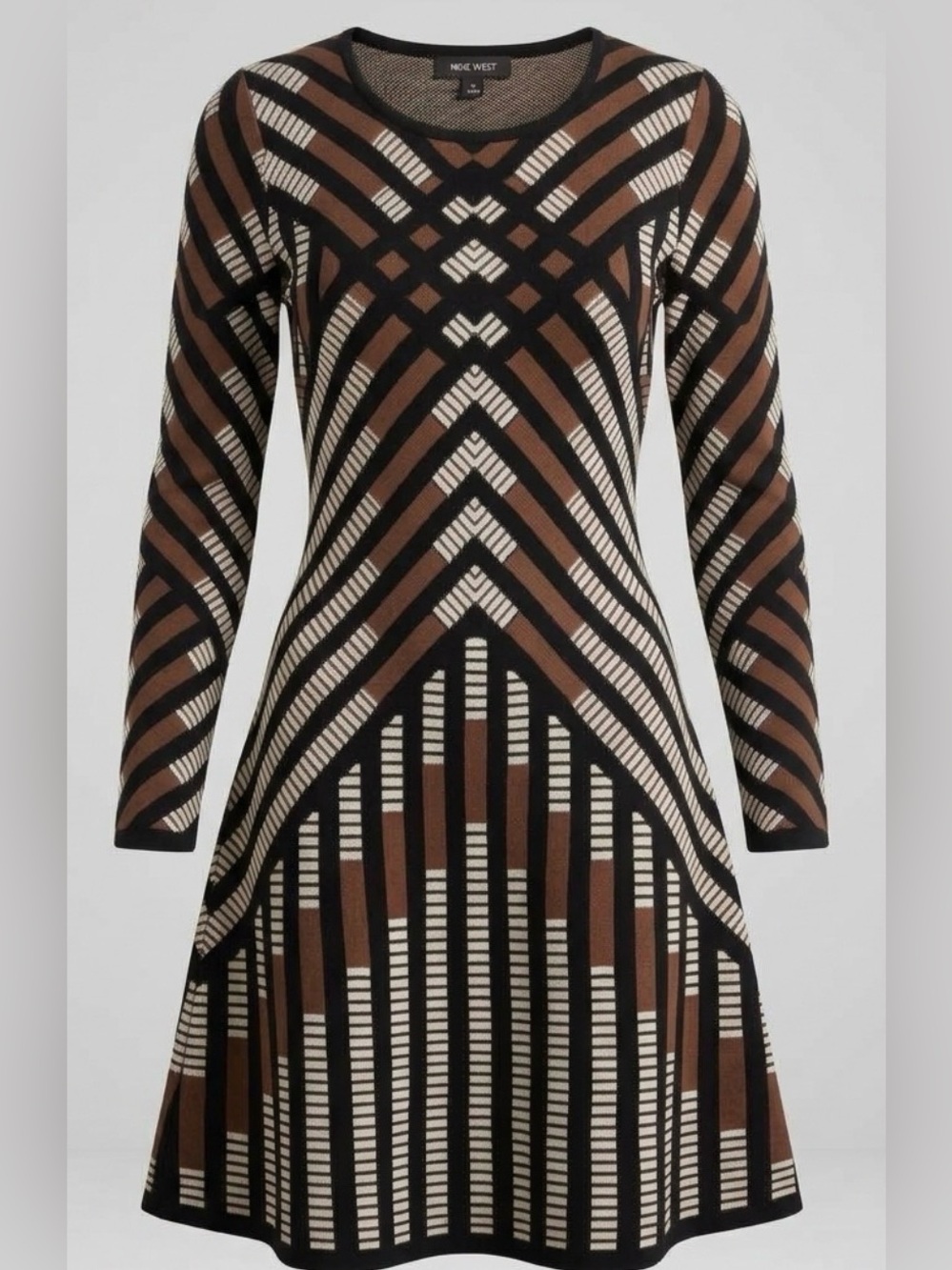 Nine West Geometric Chevron Sweater Dress Brown Black Knit Midi Size M